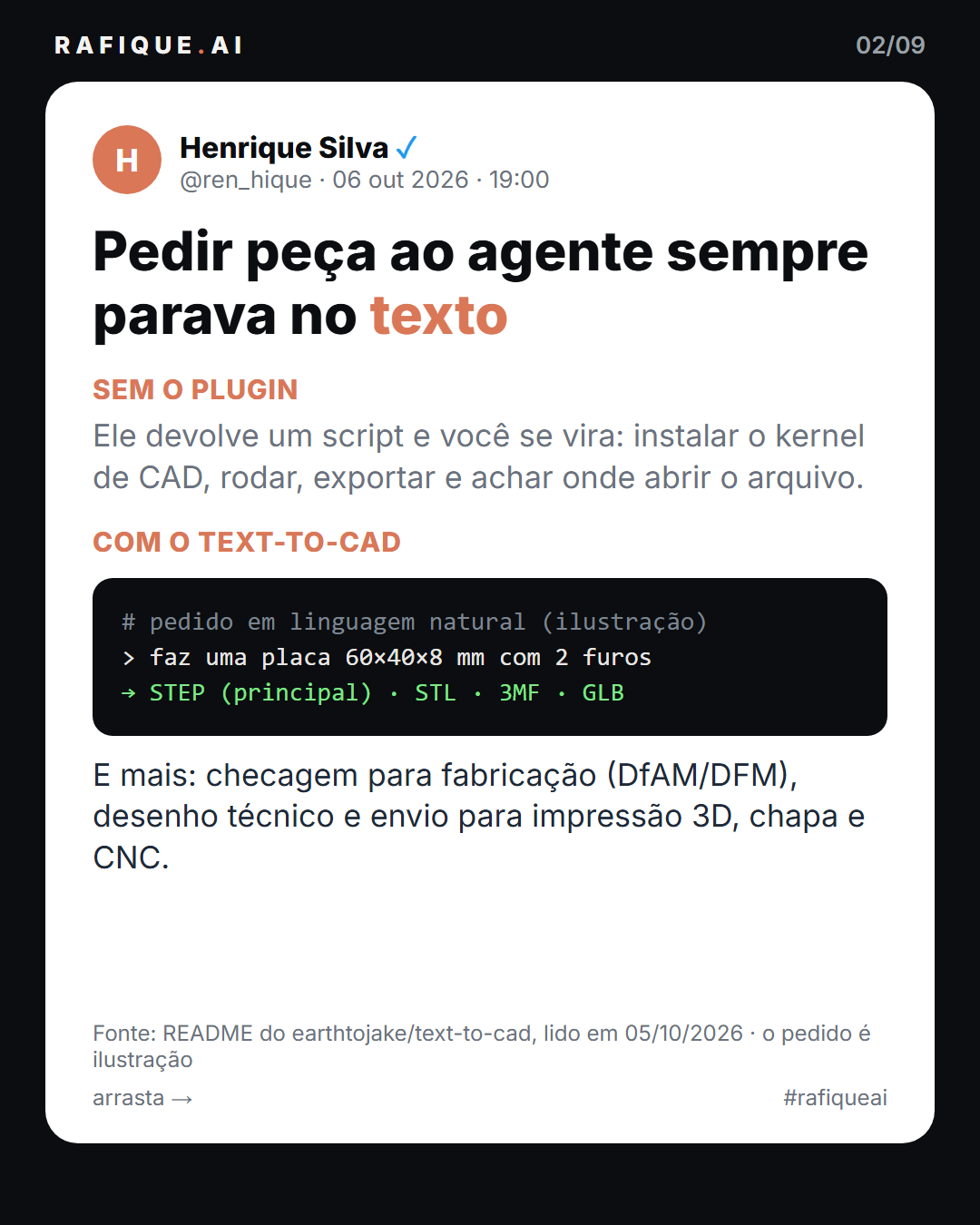 Text-to-CAD: como gerar peças 3D com Claude Code, Codex e Cursor